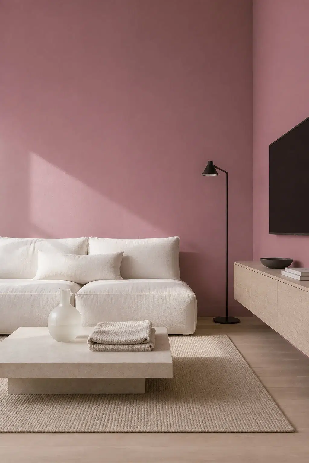 A minimalist living room painted in Audrey's Blush