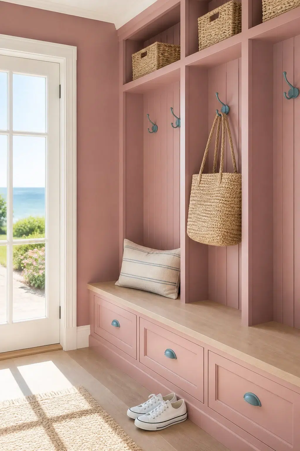 Audrey's Blush paint in a coastal mudroom