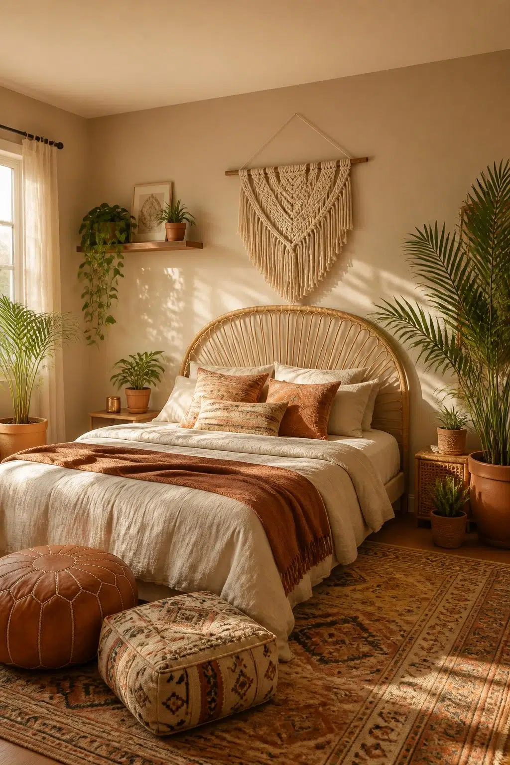 A boho bedroom painted in Basket Beige