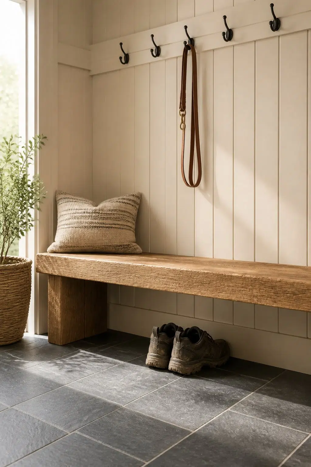 Beachcomber paint in a rustic modern mudroom