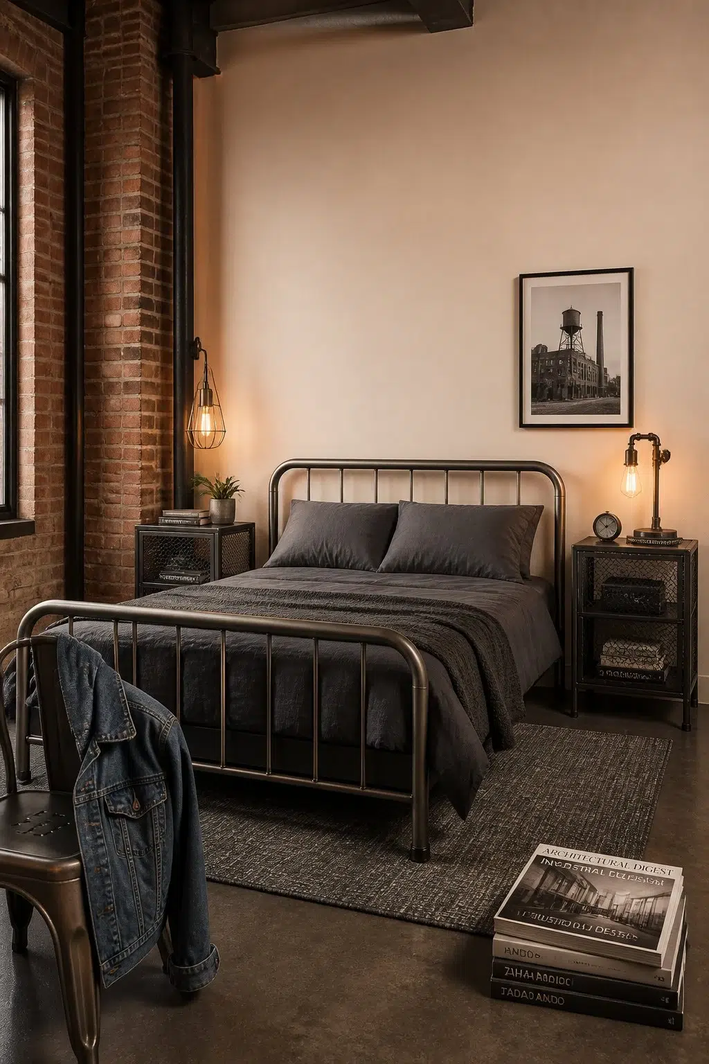 A industrial bedroom painted in Beige