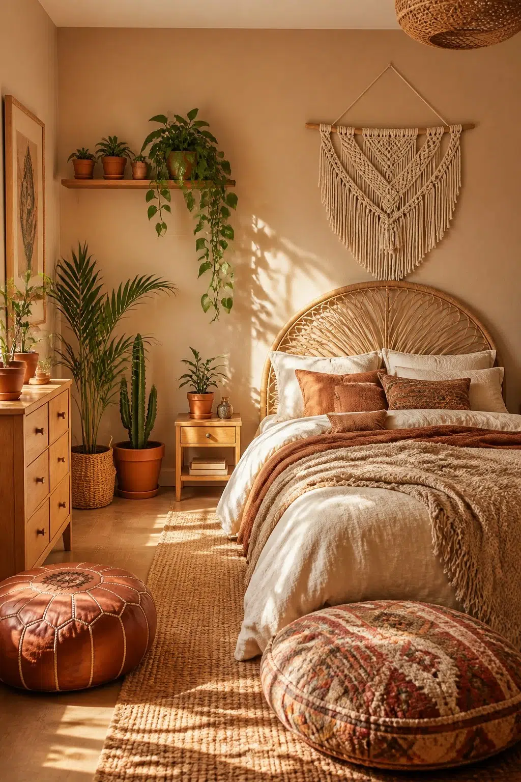 A boho bedroom painted in Beige Intenso