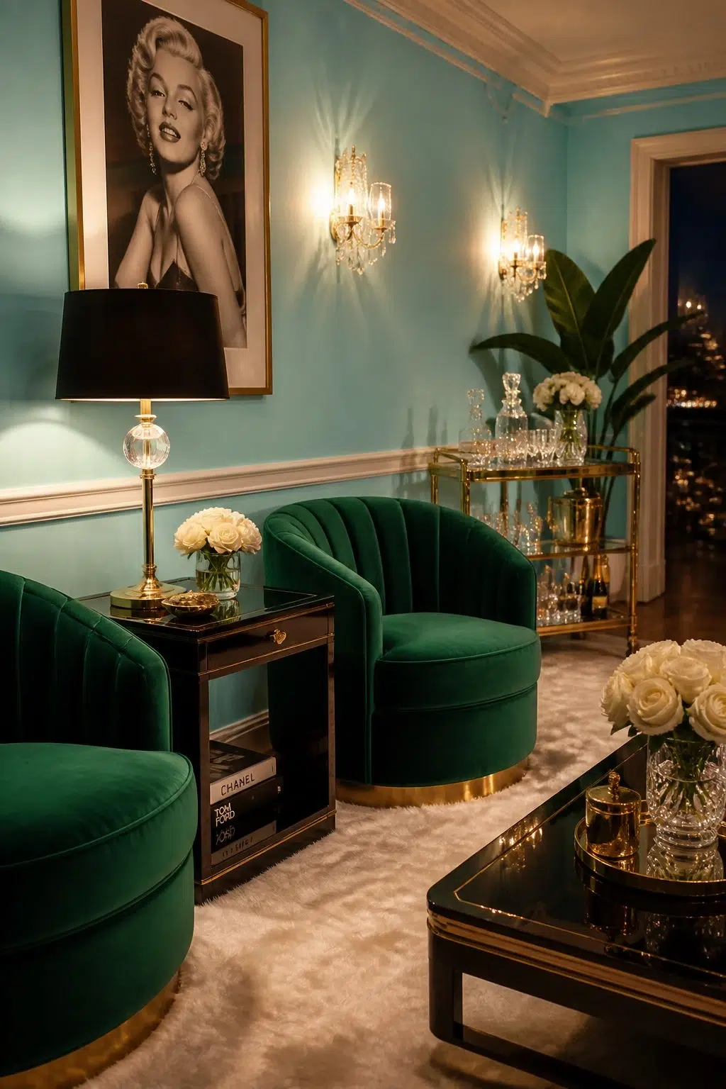 A hollywood regency living room painted in Belize