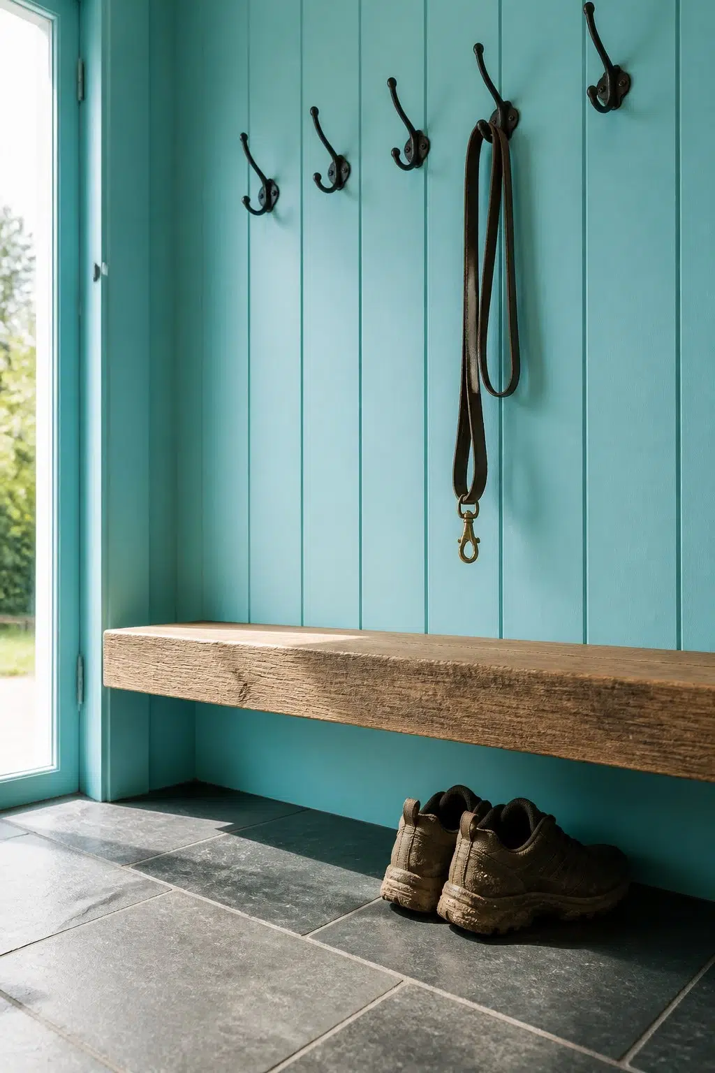 Belize paint in a rustic modern mudroom