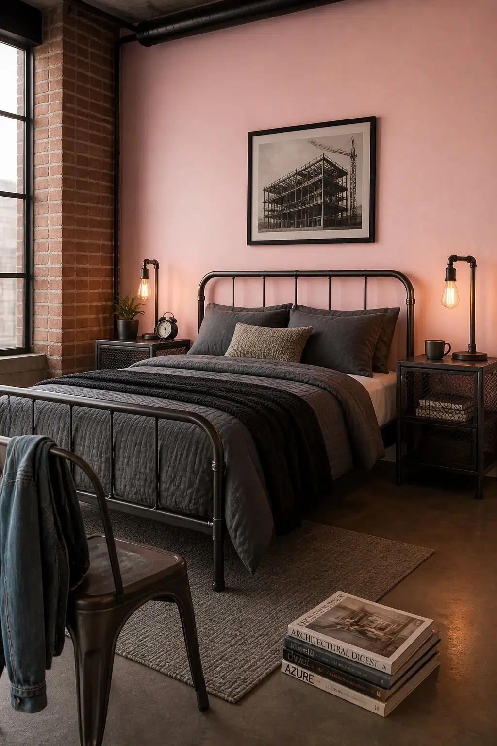 A industrial bedroom painted in Bella Pink
