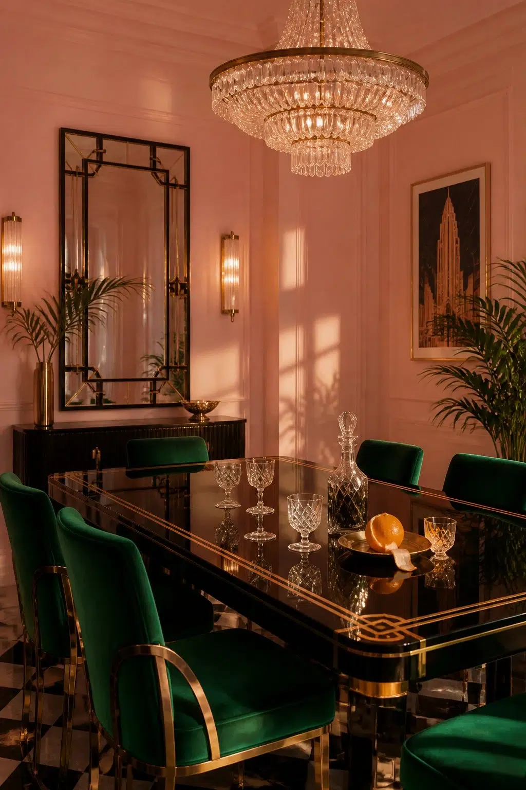Bella Pink paint in a art deco dining room