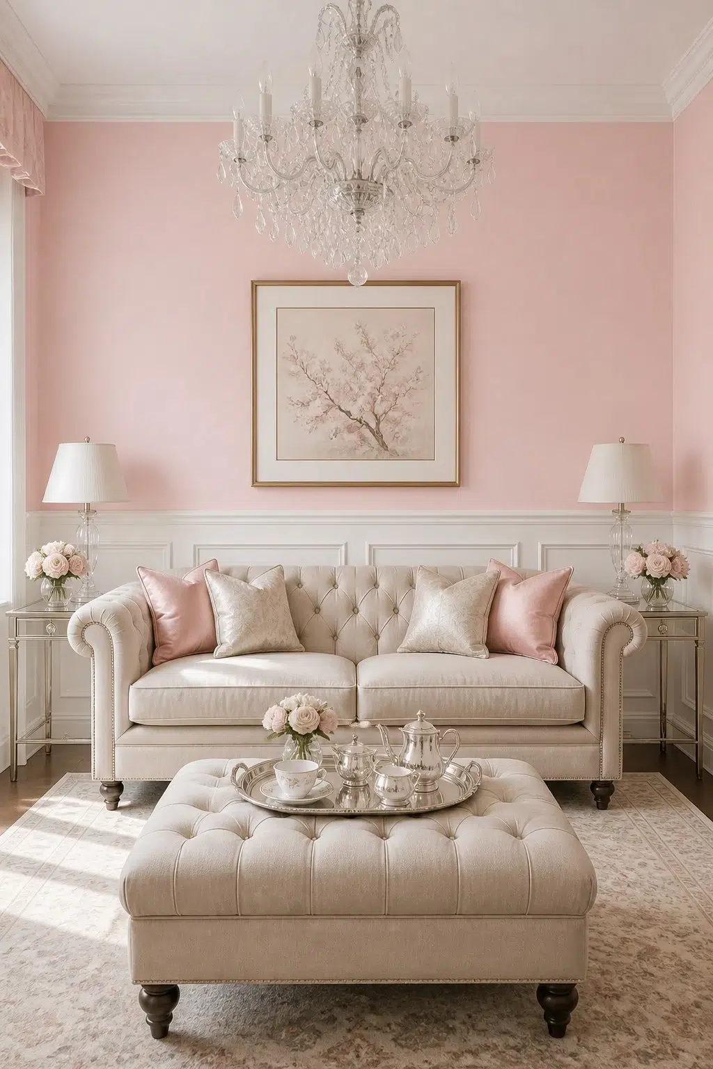 A elegant living room painted in Bella Pink