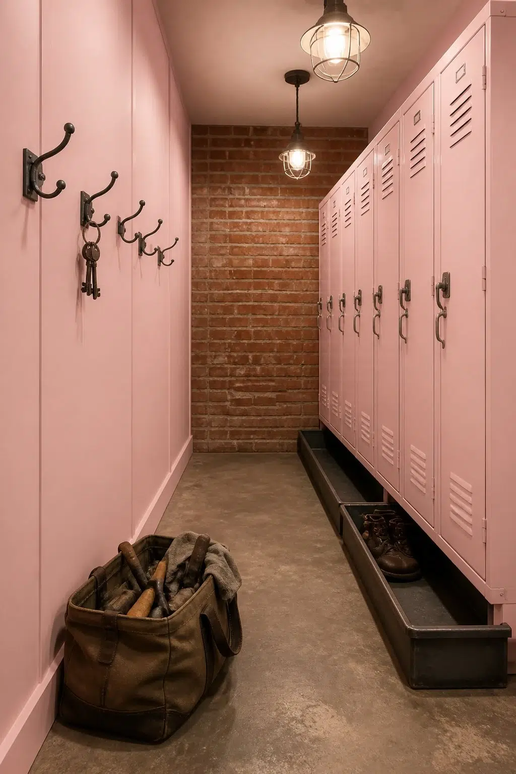 Bella Pink paint in a industrial mudroom