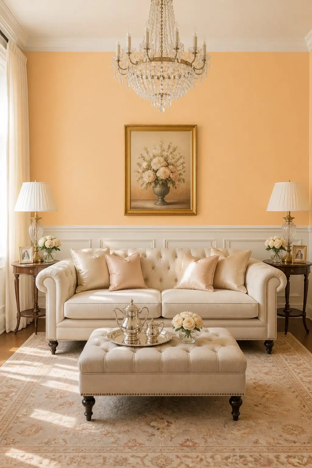 A elegant living room painted in Bellini Fizz