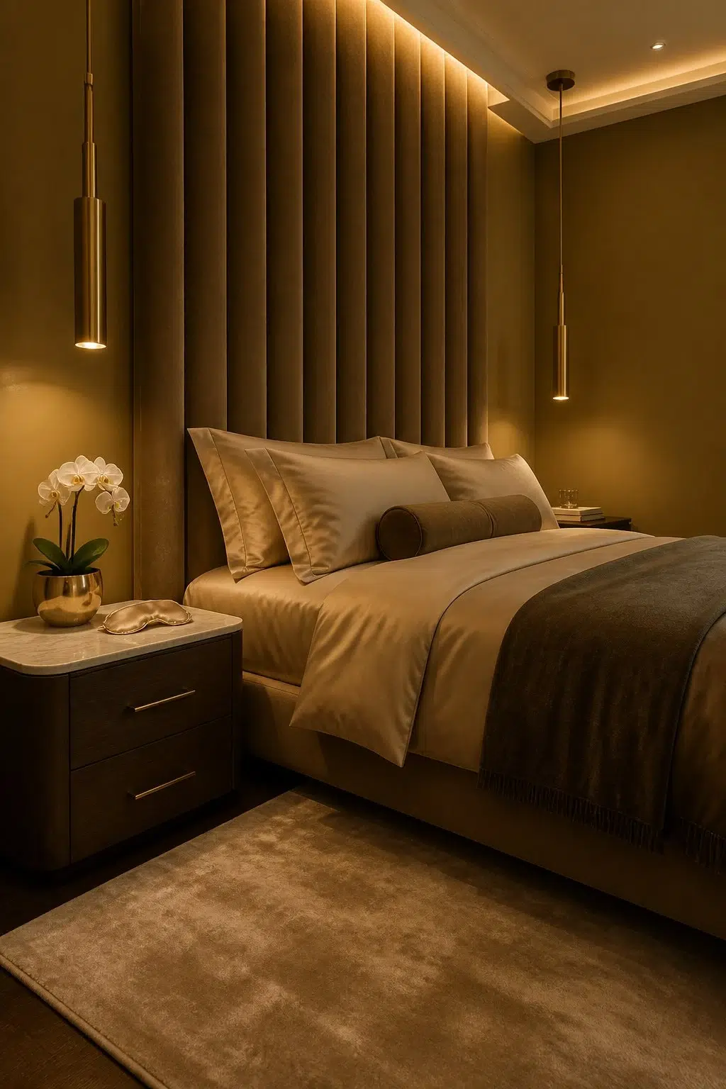 A modern luxury bedroom painted in Bengal Grass