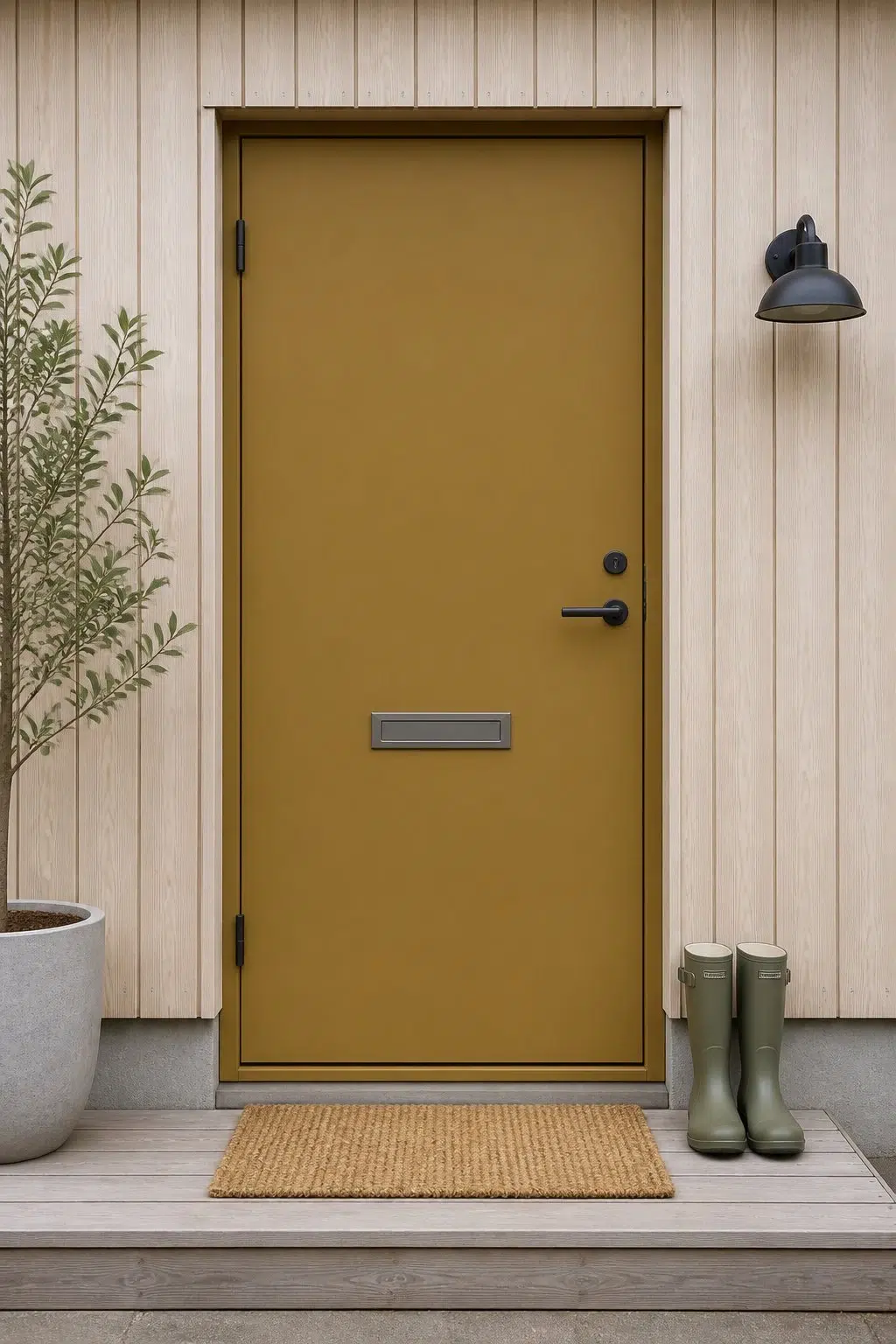 scandinavian front door featuring Bengal Grass by Sherwin-Williams