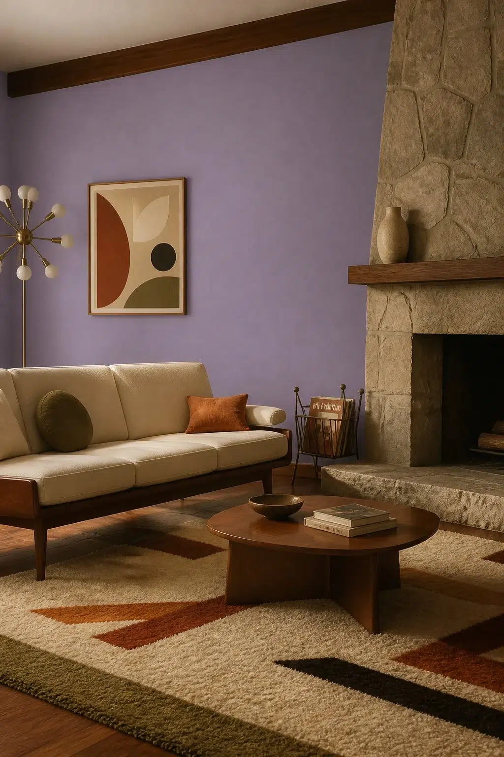 A mid century living room painted in Berry Cream