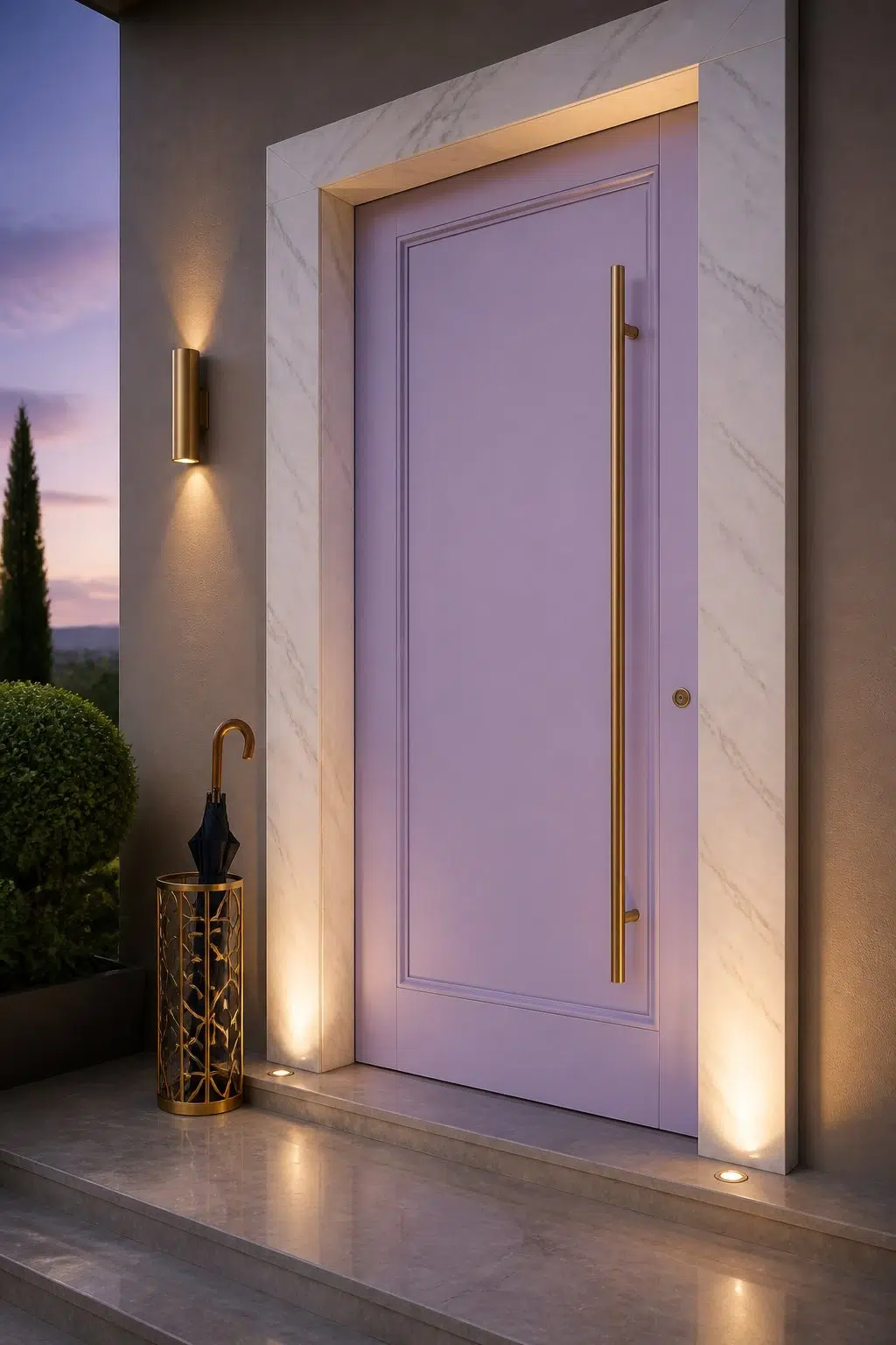 modern luxury front door featuring Berry Frappe by Sherwin-Williams