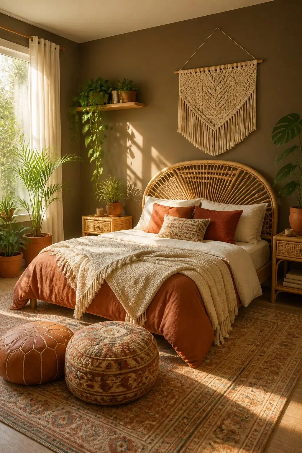 A boho bedroom painted in Best Bronze