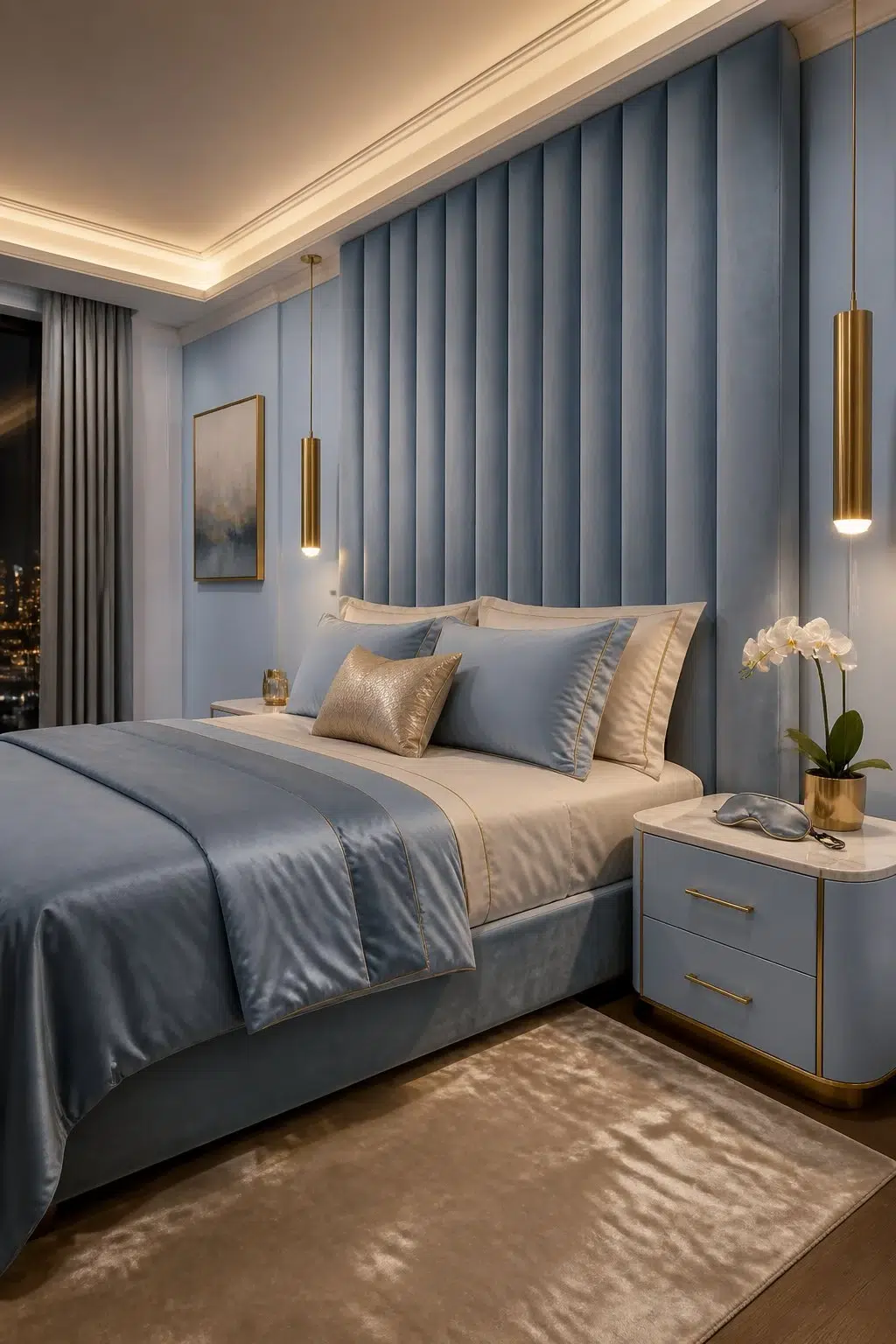 A modern luxury bedroom painted in Bewitching Blue