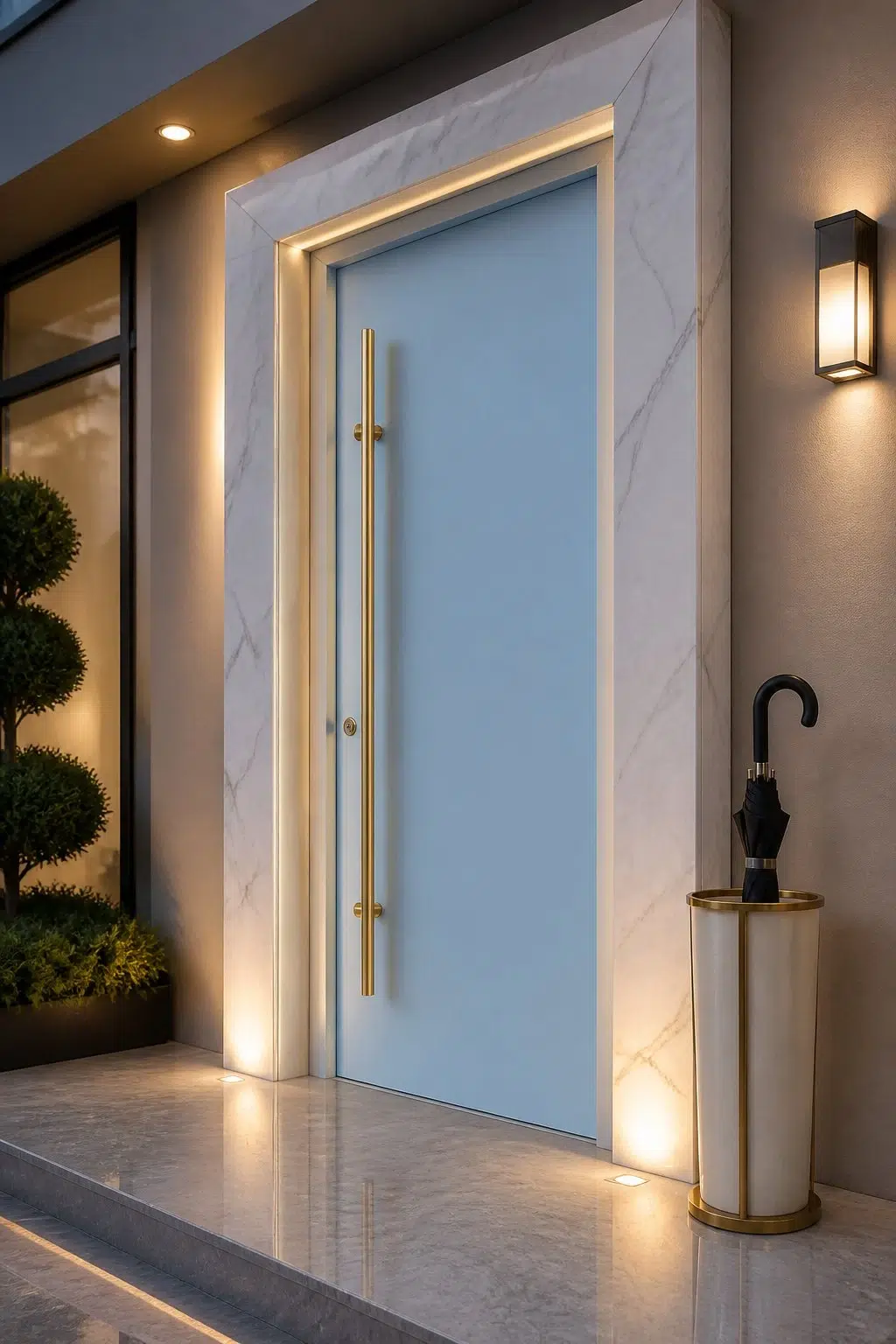 modern luxury front door featuring Bewitching Blue by Sherwin-Williams