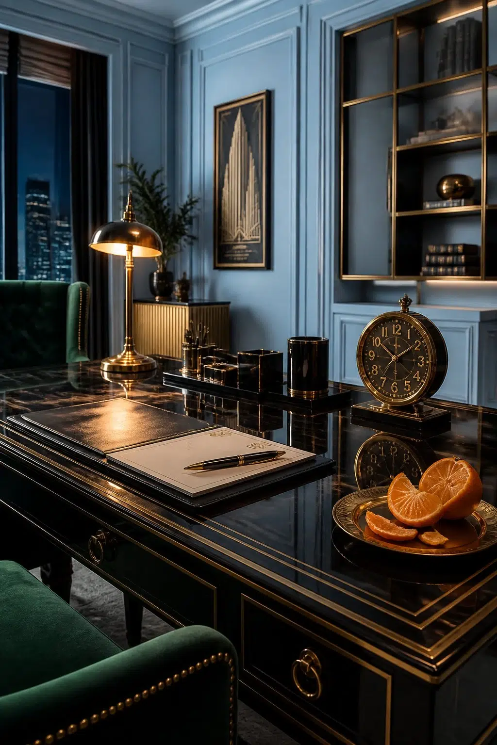 Sherwin-Williams Bewitching Blue in a art deco home office