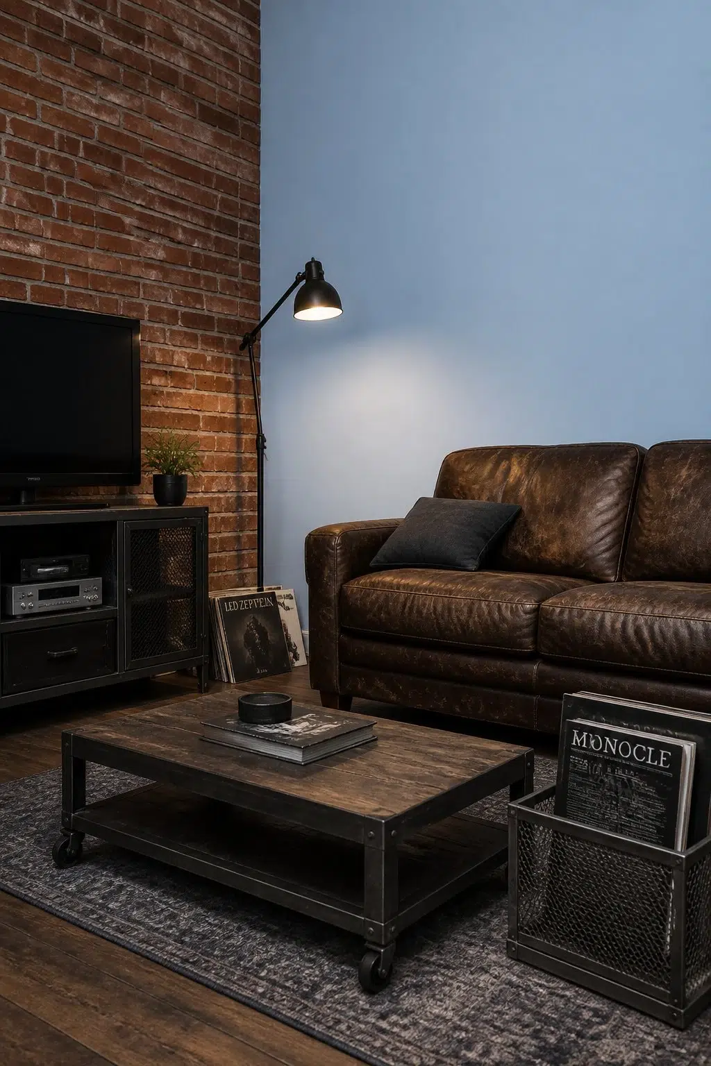 A industrial living room painted in Bewitching Blue