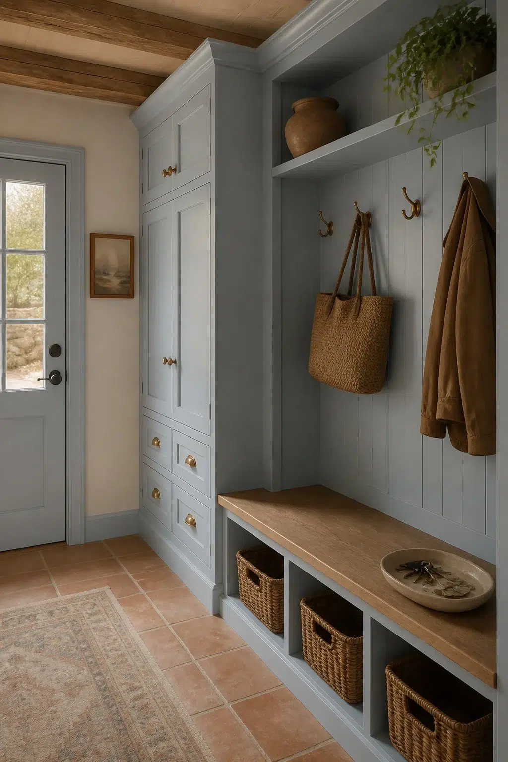 Bewitching Blue paint in a earthy mudroom