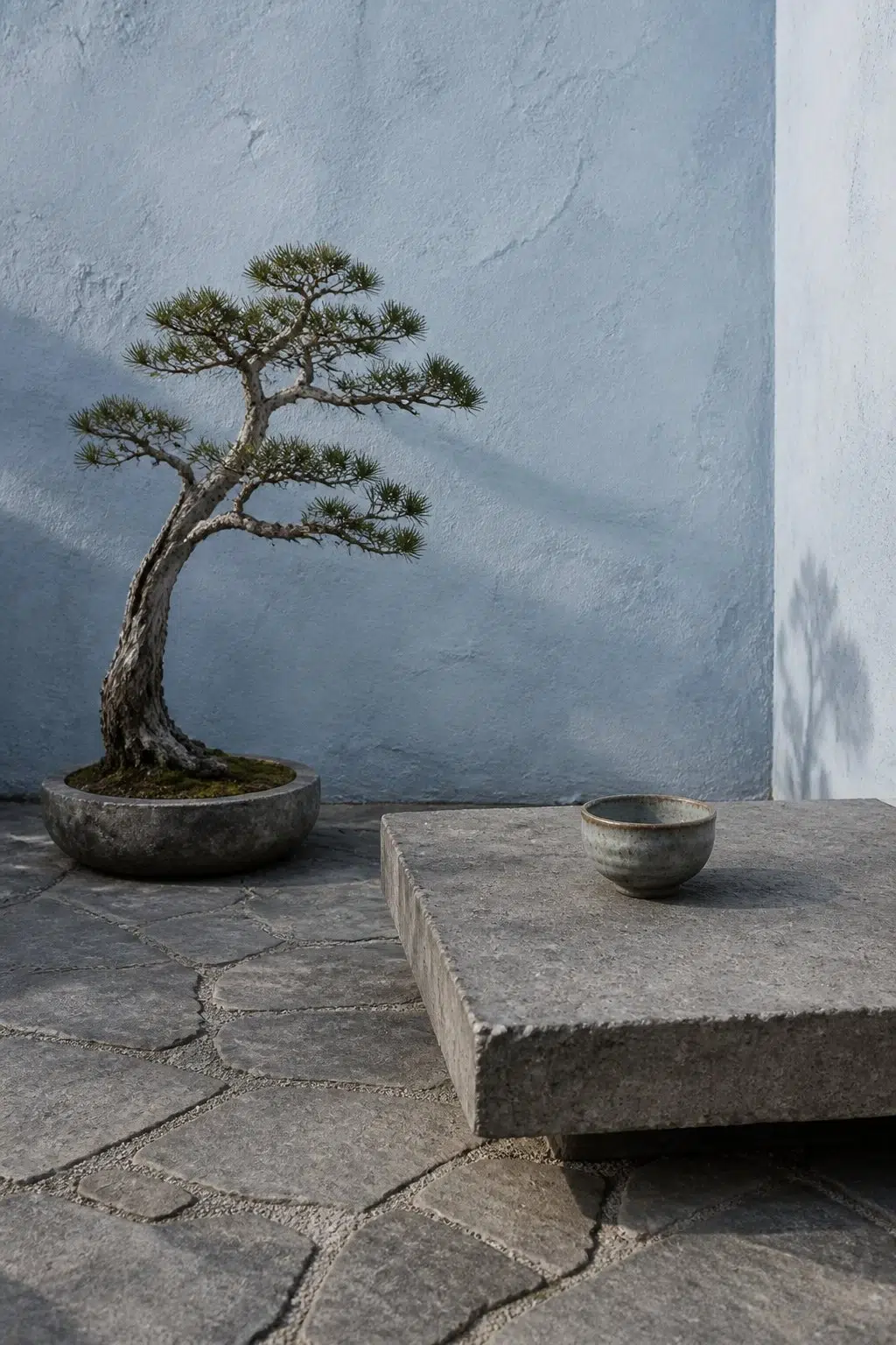 wabi-sabi patio featuring Bewitching Blue by Sherwin-Williams