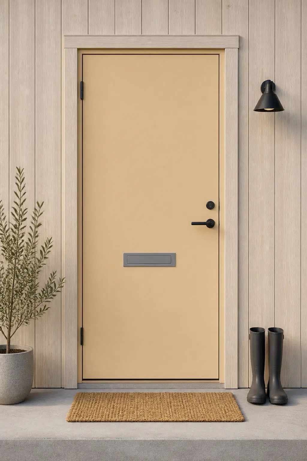 scandinavian front door featuring Biltmore Buff by Sherwin-Williams