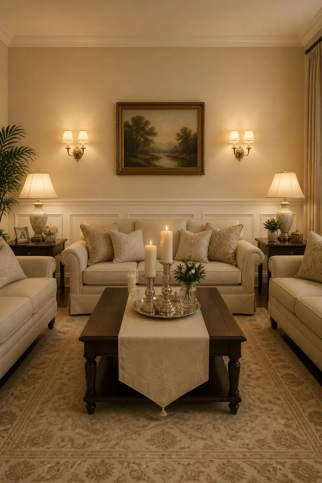 A traditional living room painted in Biltmore Buff