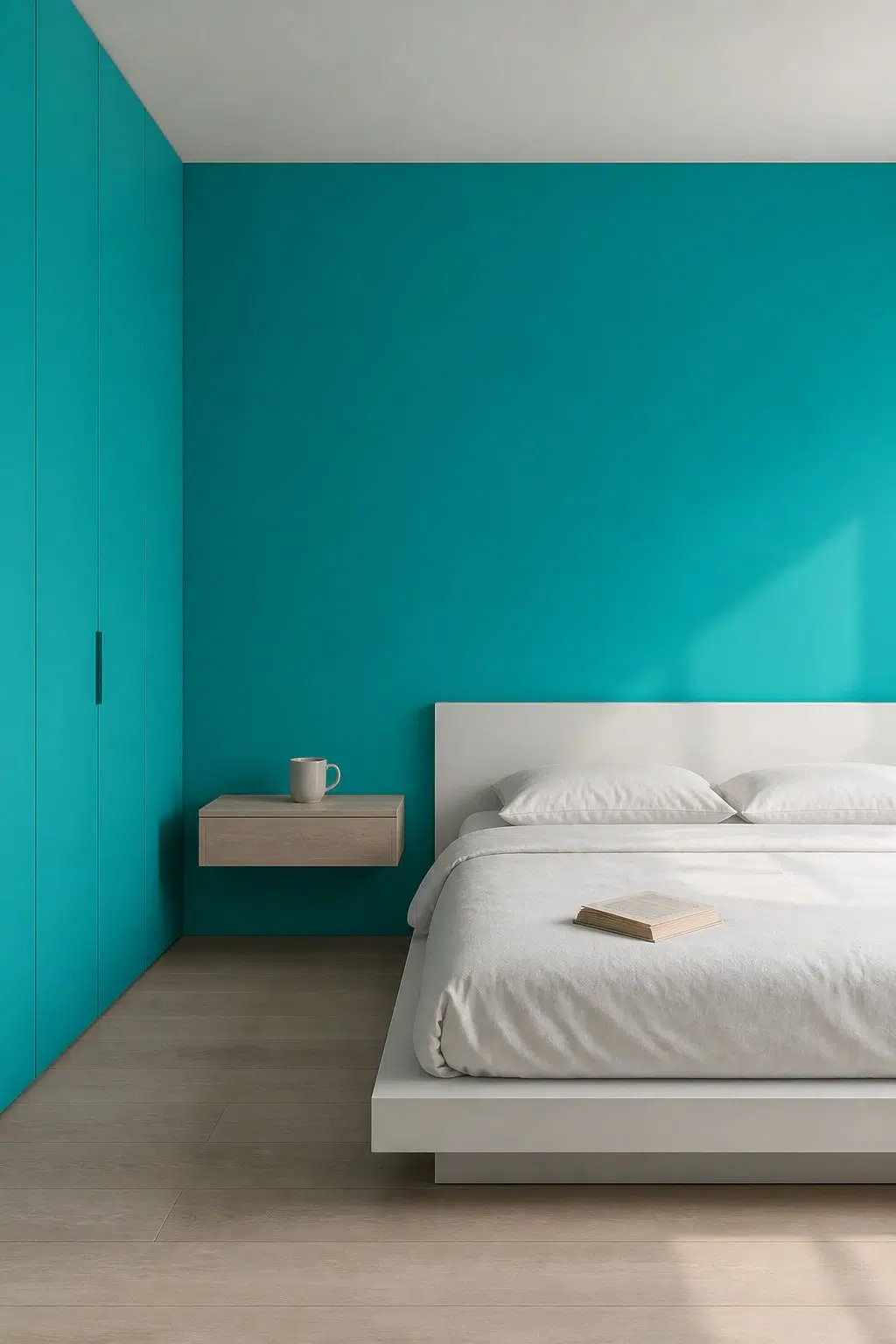 A minimalist bedroom painted in Biscay