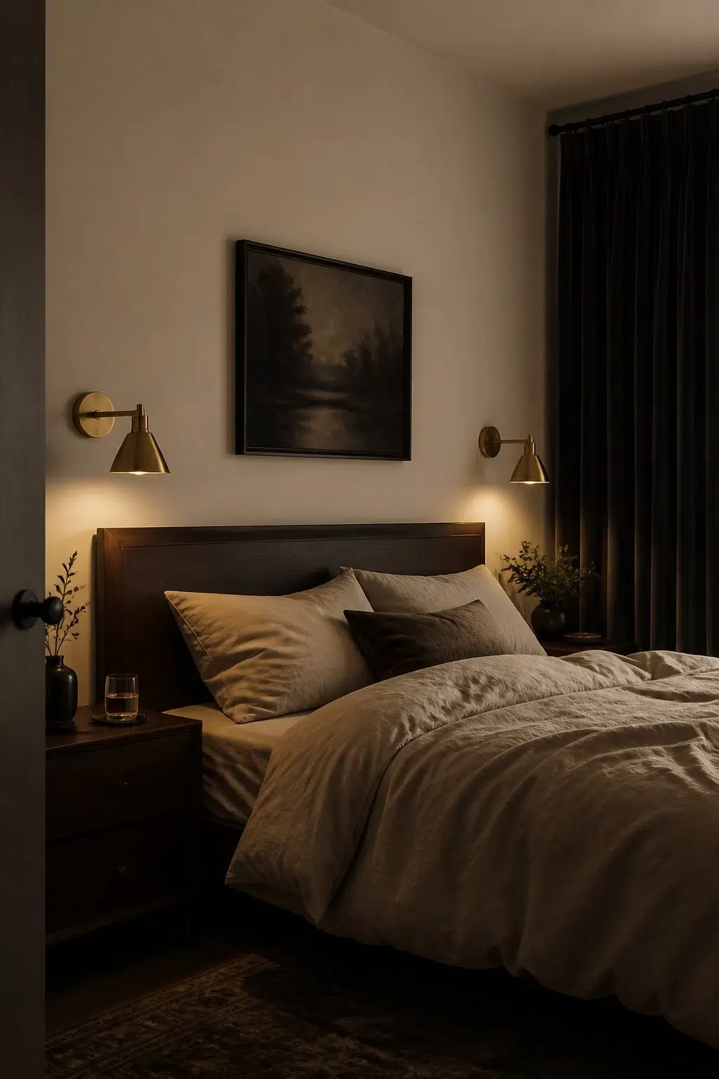 A moody bedroom painted in Biscuit