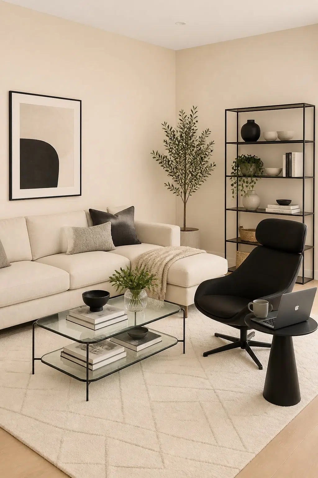 A contemporary living room painted in Biscuit