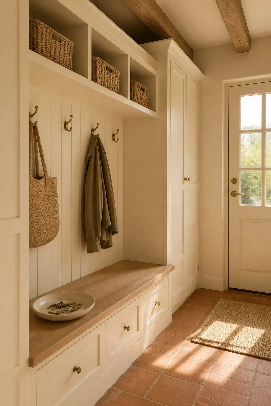 Biscuit paint in a earthy mudroom