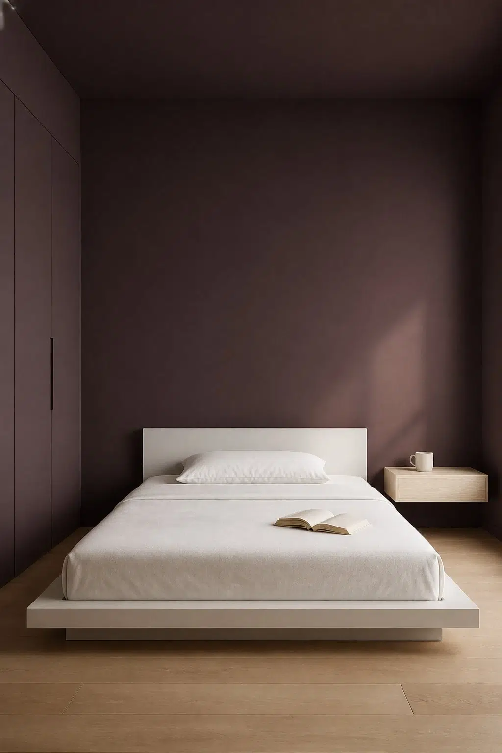 A minimalist bedroom painted in Bitter Chocolate