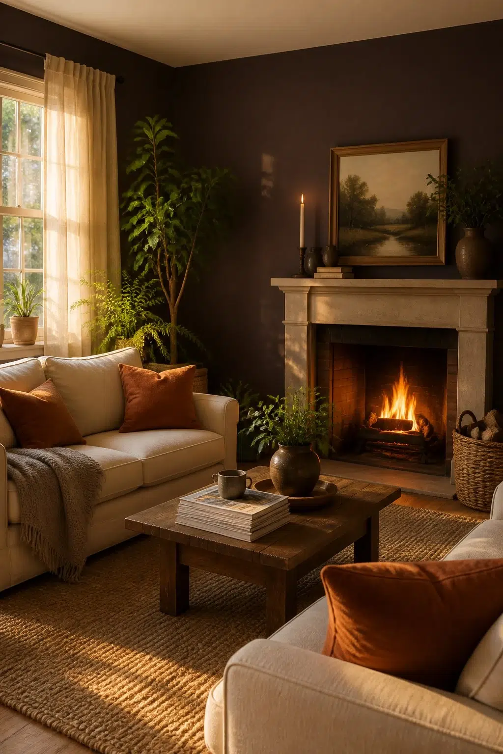 A cozy living room painted in Bitter Chocolate