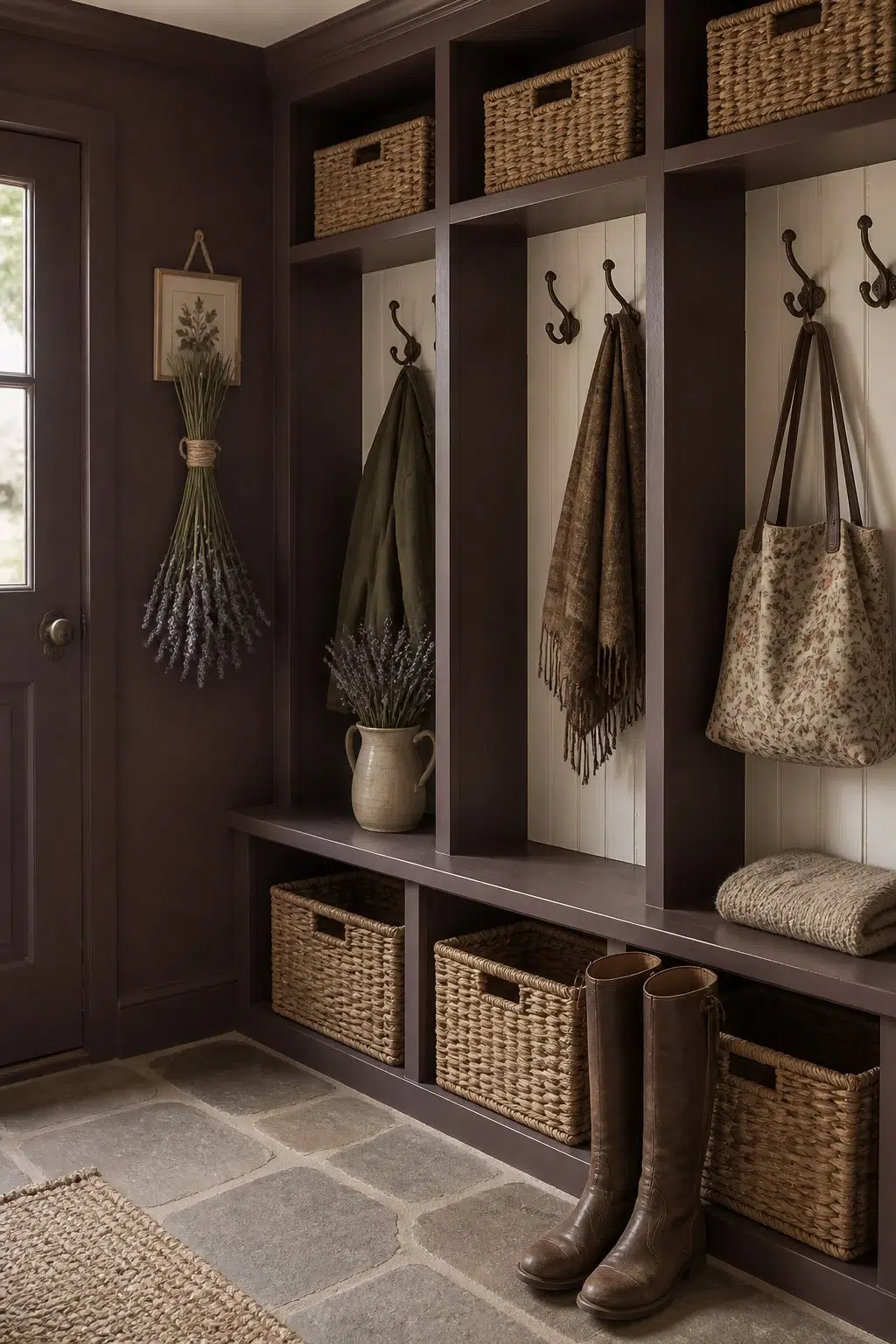 Bitter Chocolate paint in a cottagecore mudroom