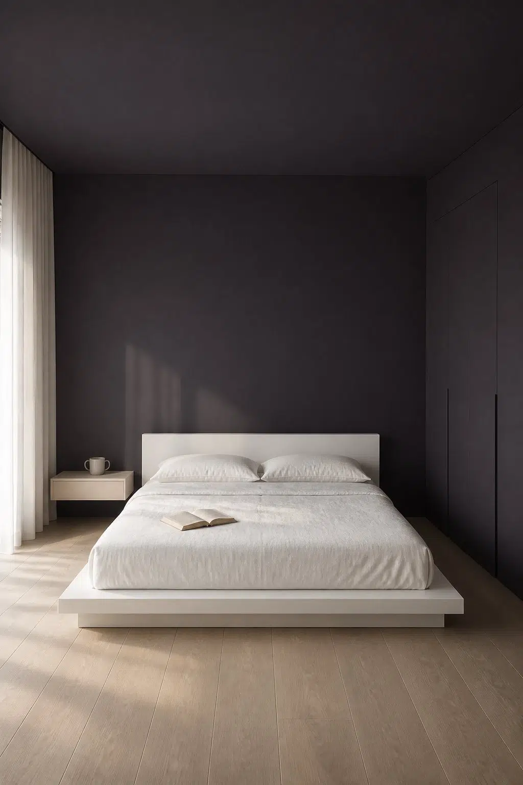 A minimalist bedroom painted in Black Swan