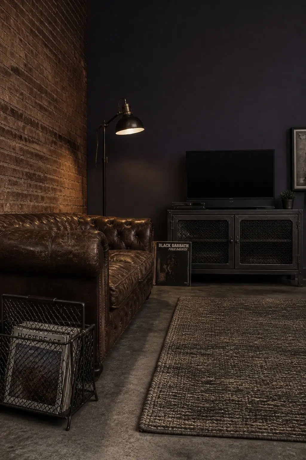 A industrial living room painted in Black Swan