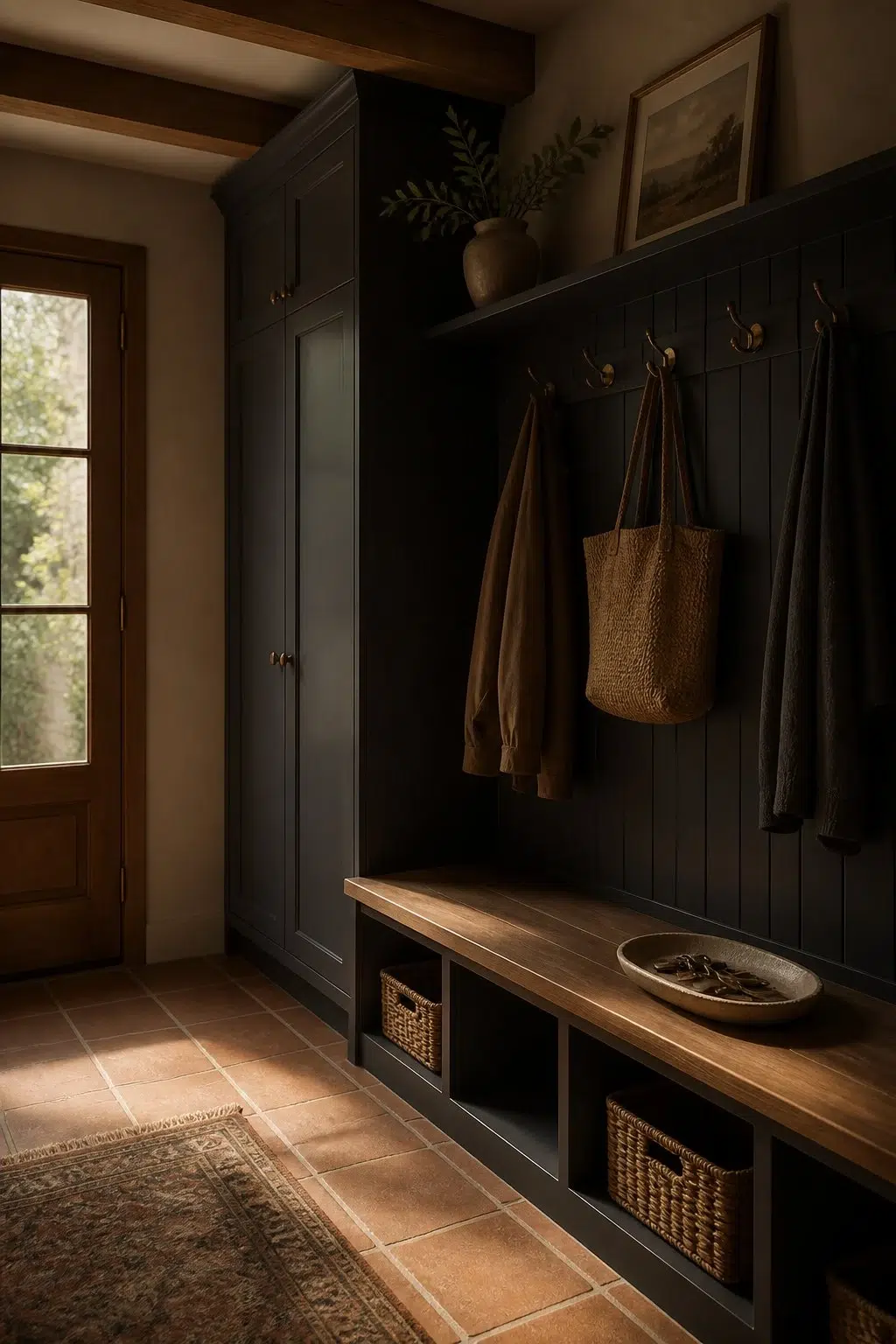 Black Swan paint in a earthy mudroom