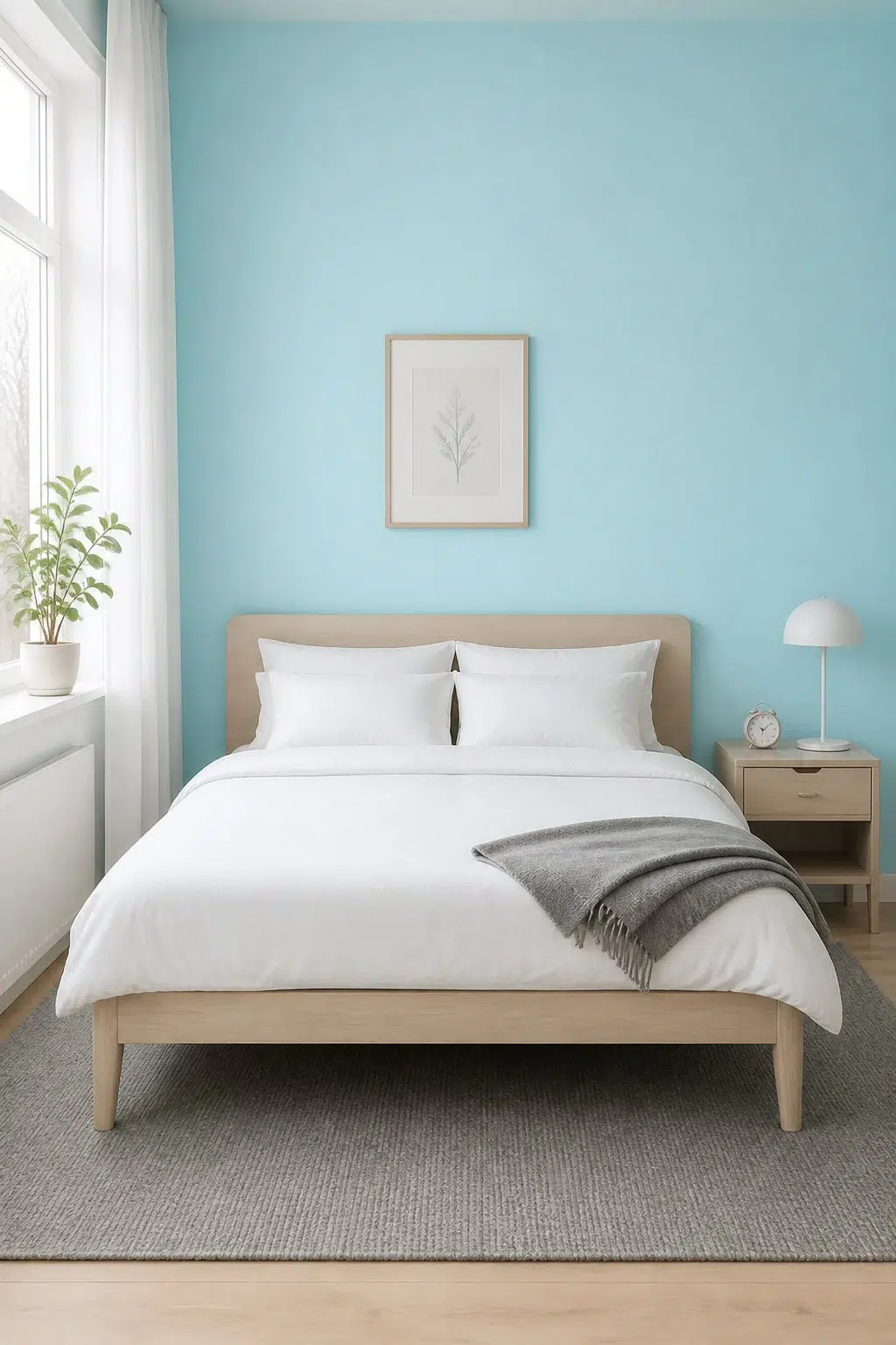 A scandinavian bedroom painted in Blue Bauble