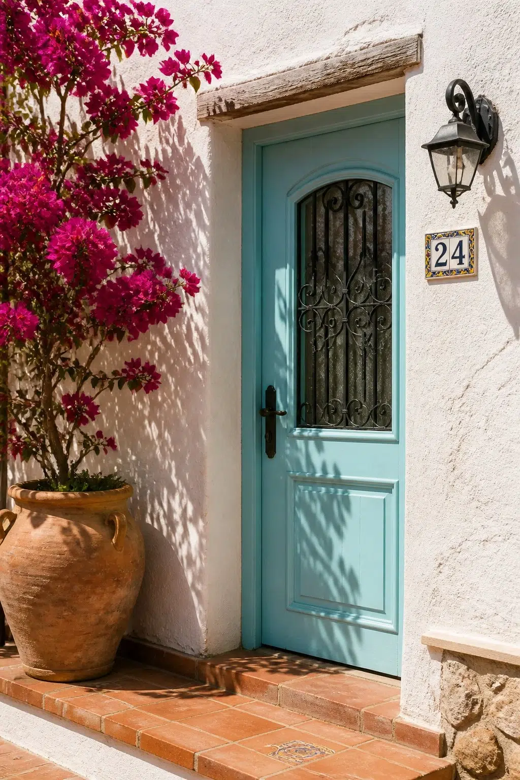 mediterranean front door featuring Blue Bauble by Sherwin-Williams