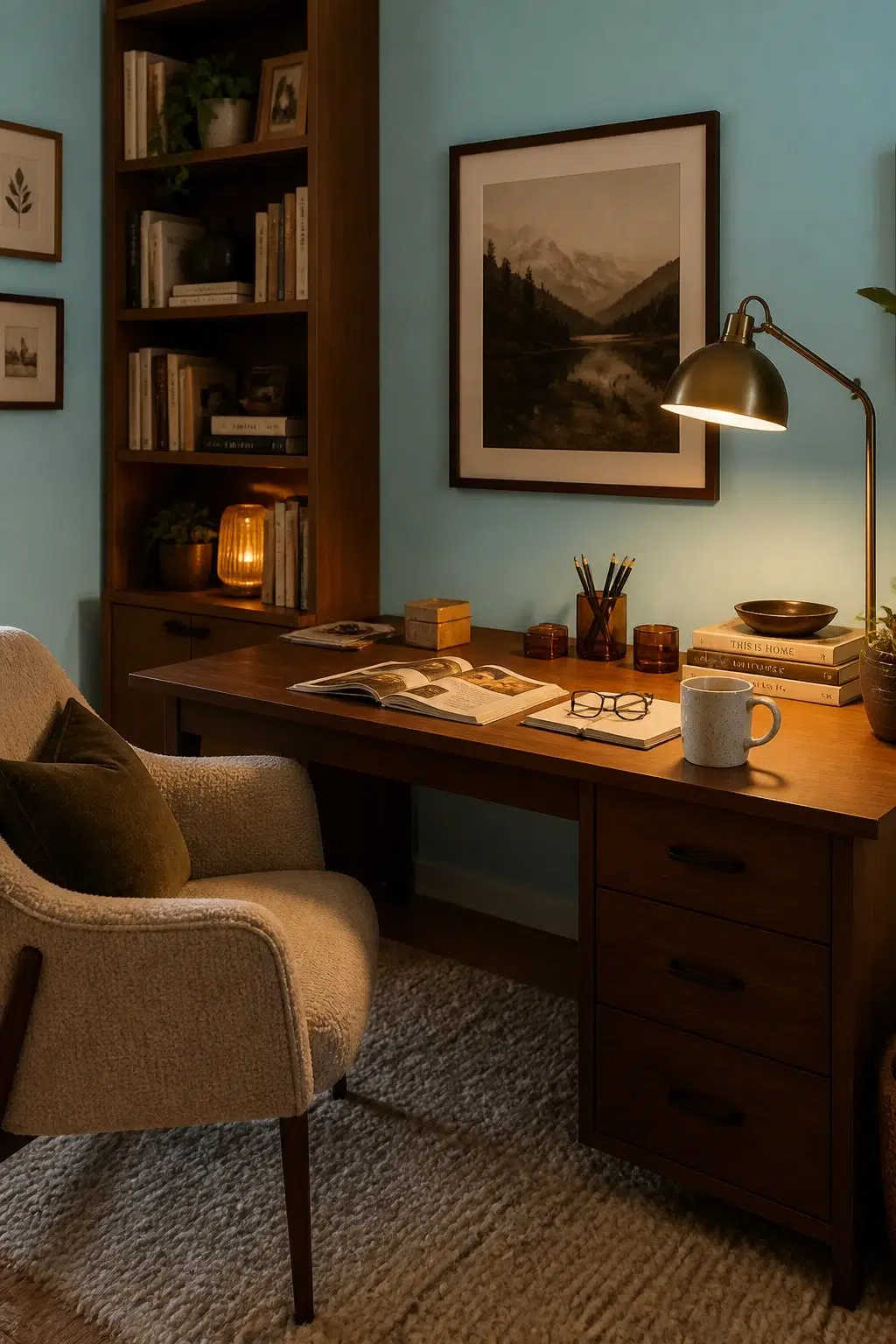 Sherwin-Williams Blue Bauble in a warm home office