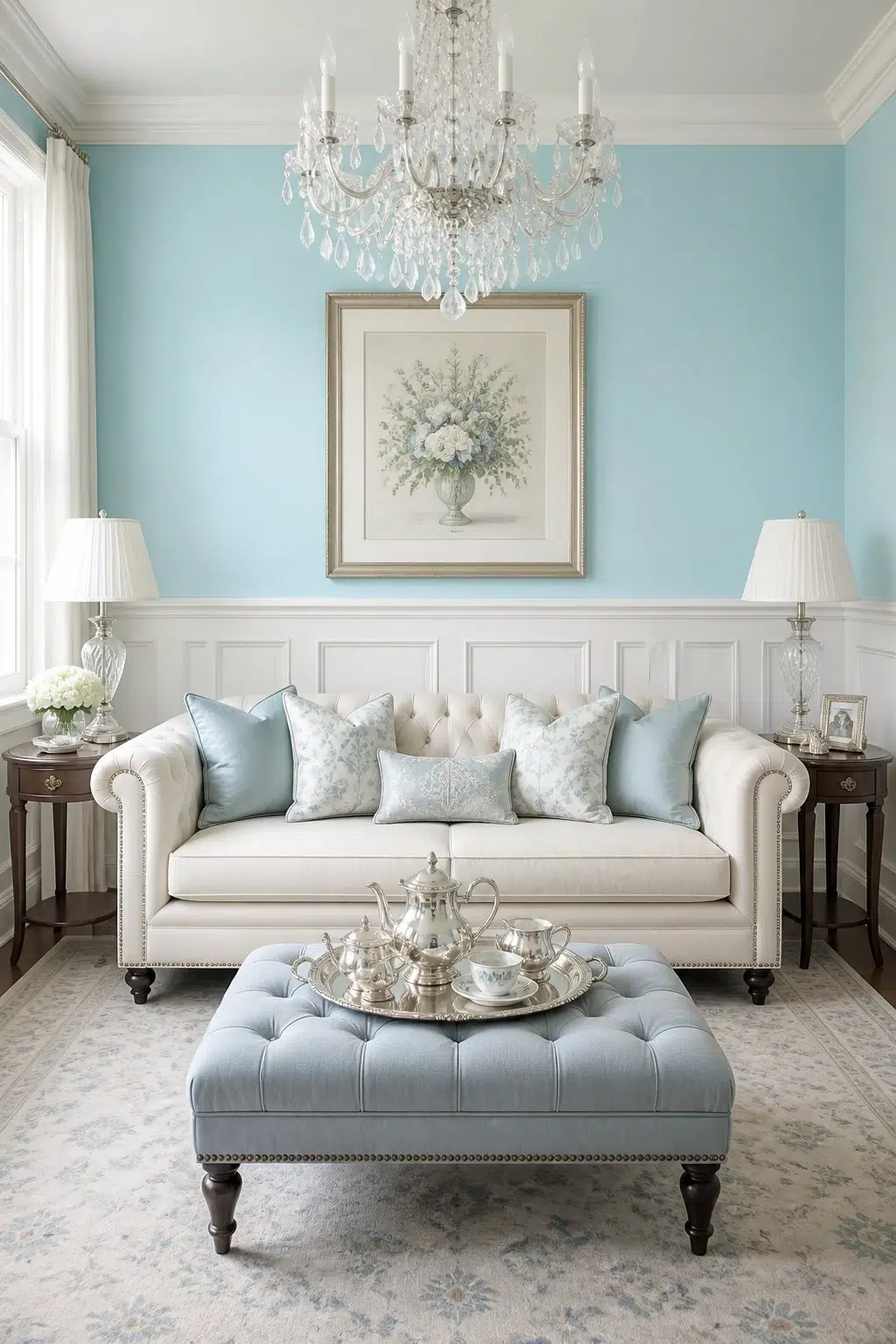 A elegant living room painted in Blue Bauble
