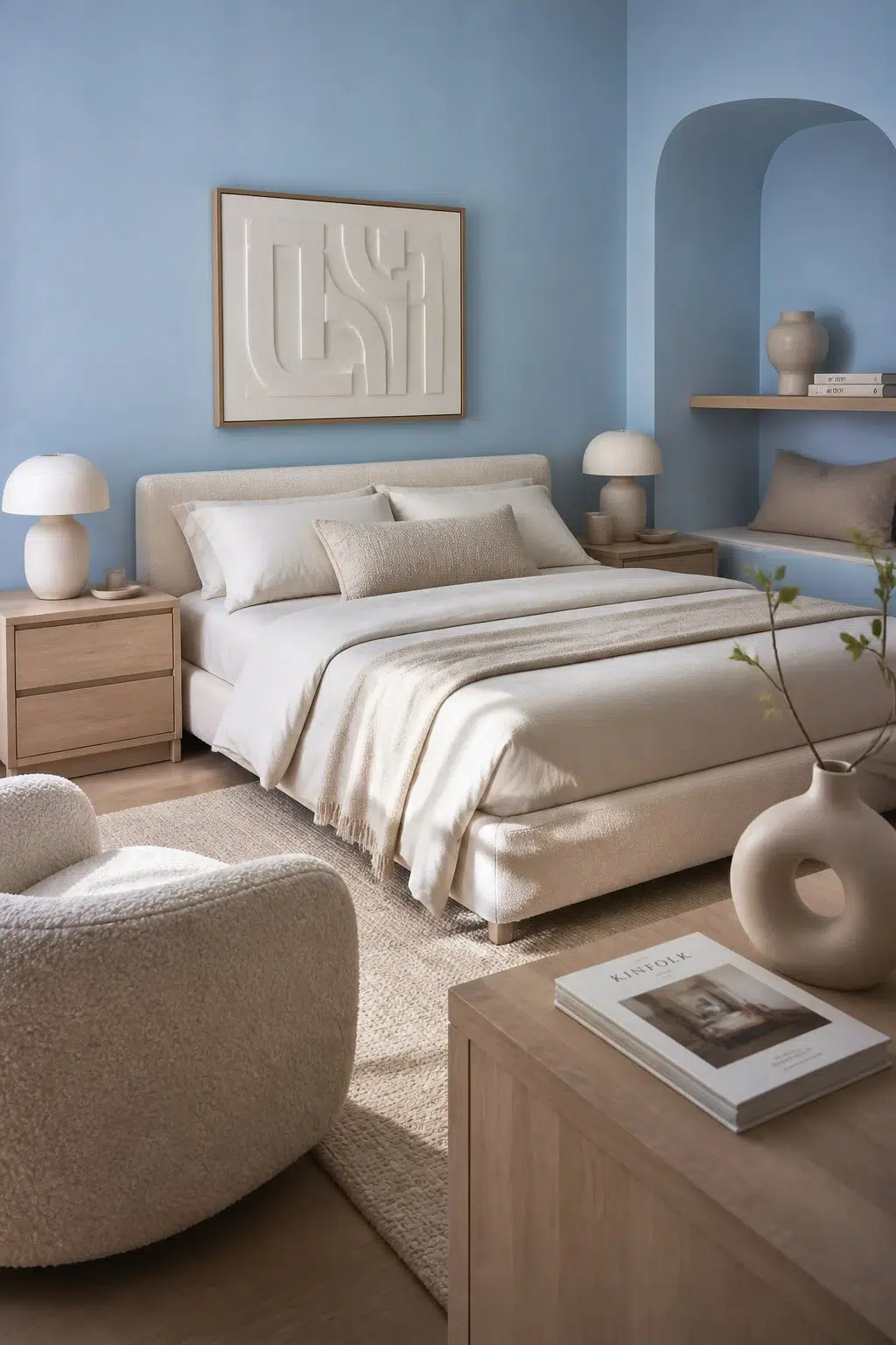 A organic modern bedroom painted in Blue Beyond