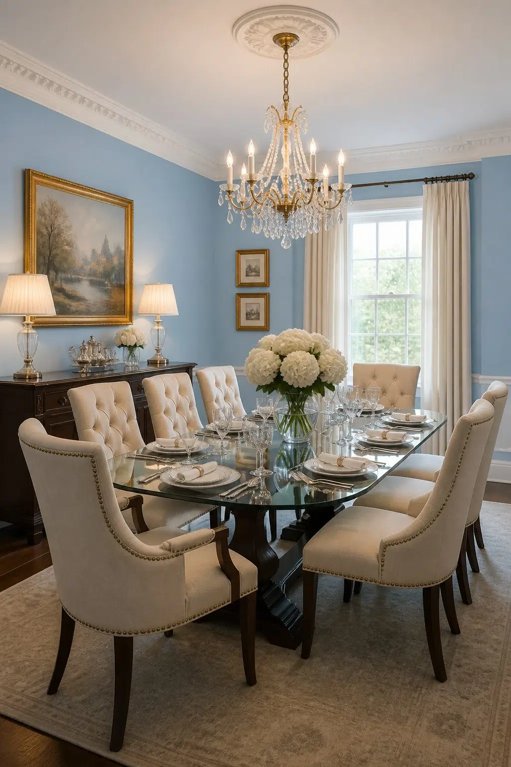 Blue Beyond paint in a elegant dining room