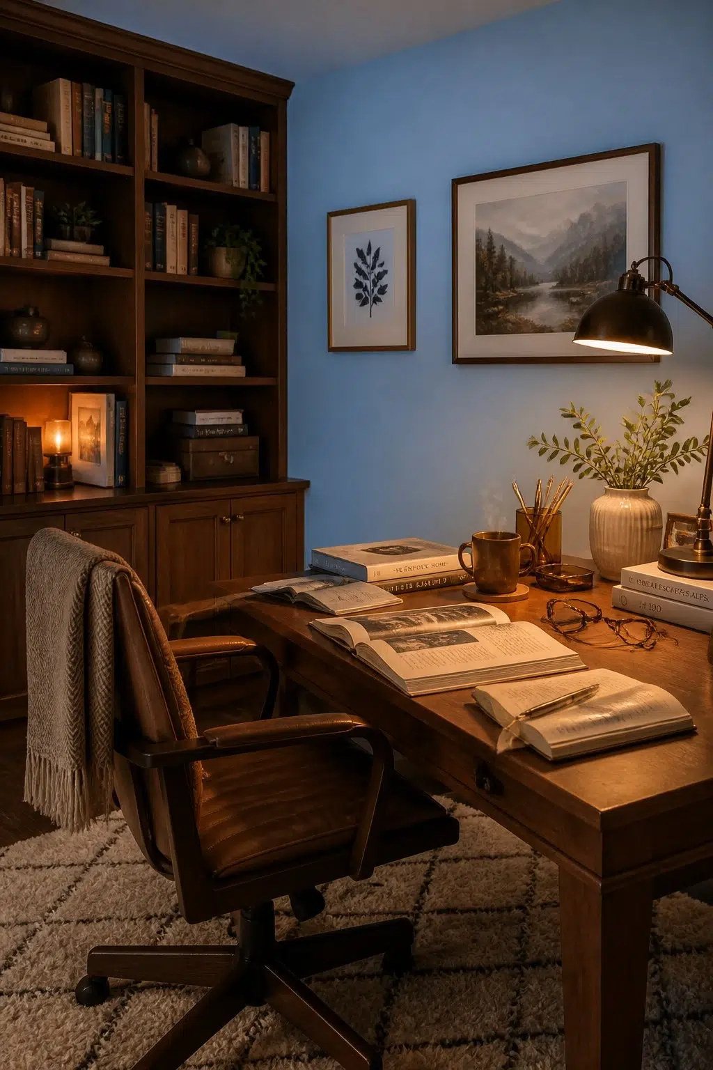 Sherwin-Williams Blue Beyond in a warm home office