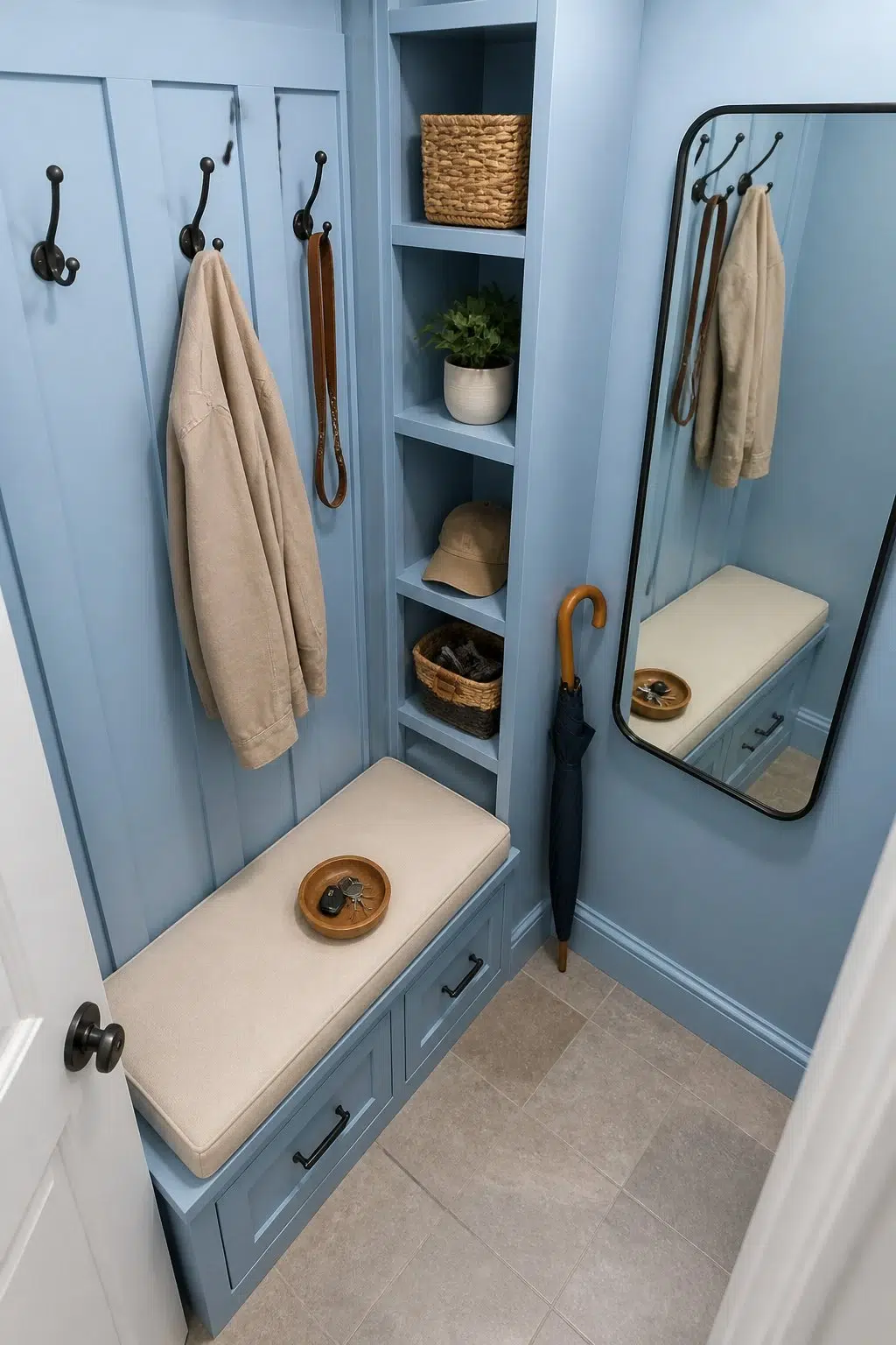Blue Beyond paint in a small mudroom