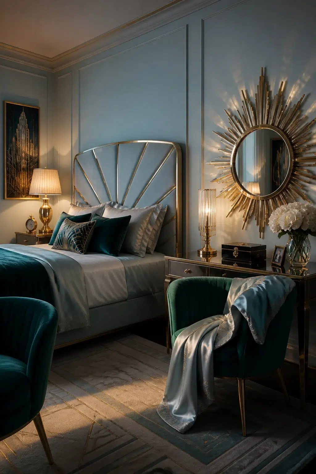 A art deco bedroom painted in Blue Click