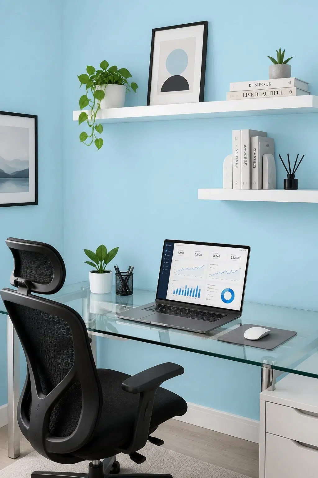 Sherwin-Williams Blue Click in a contemporary home office