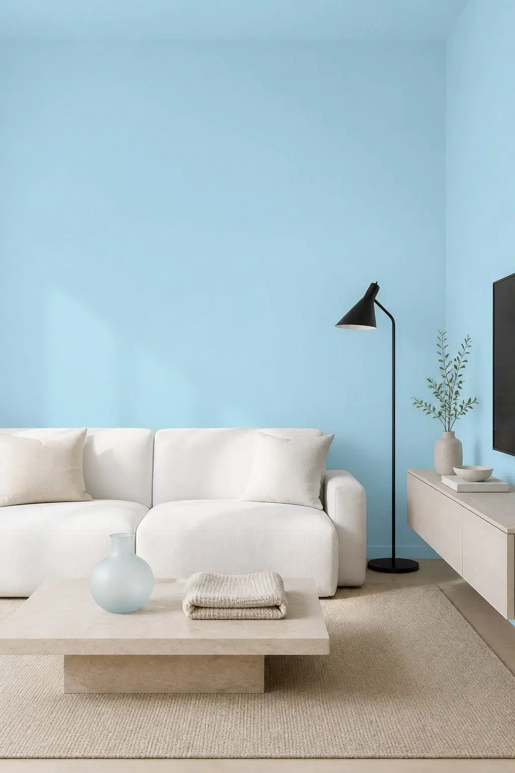 A minimalist living room painted in Blue Click
