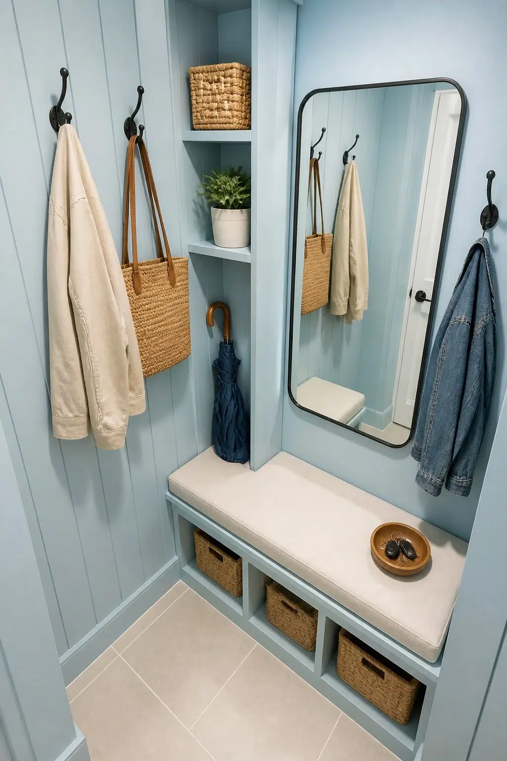 Blue Click paint in a small mudroom
