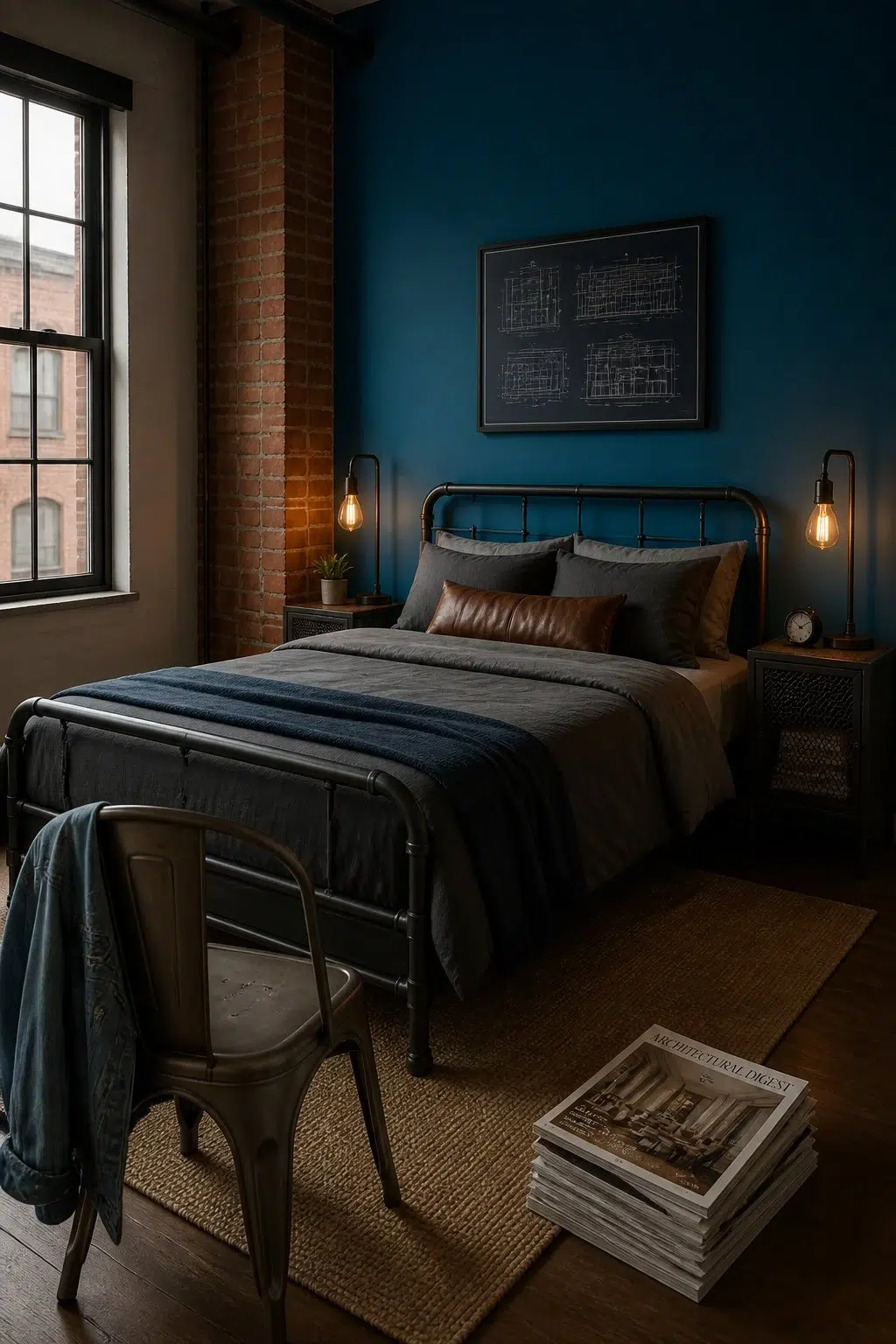 A industrial bedroom painted in Blue Grotto