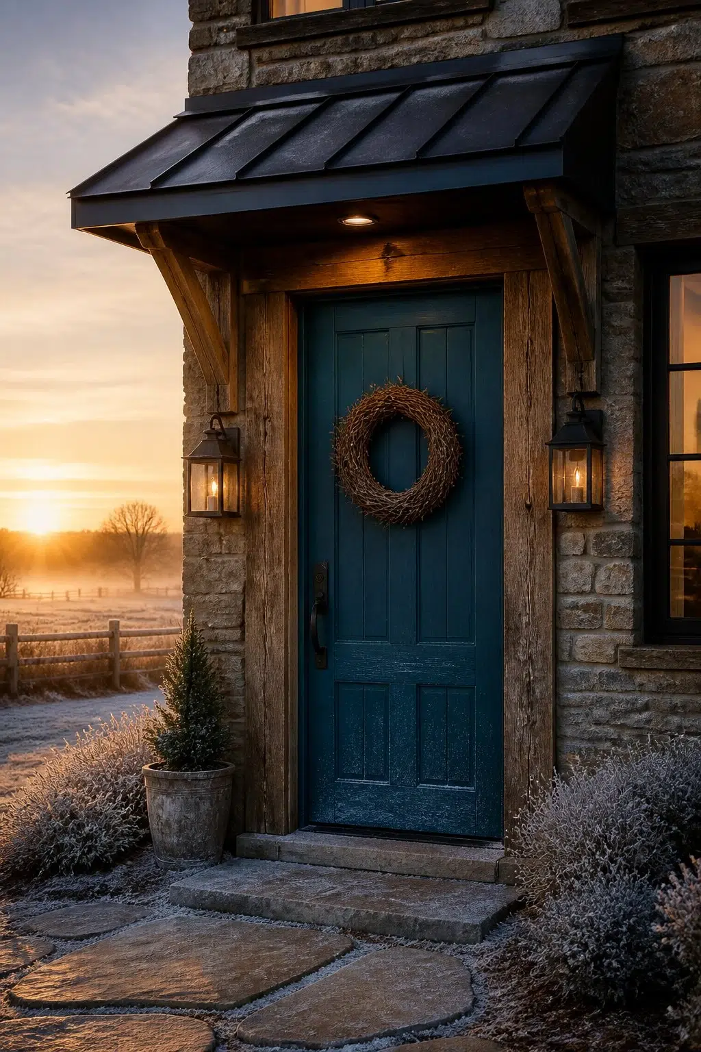 rustic modern front door featuring Blue Grotto by Sherwin-Williams